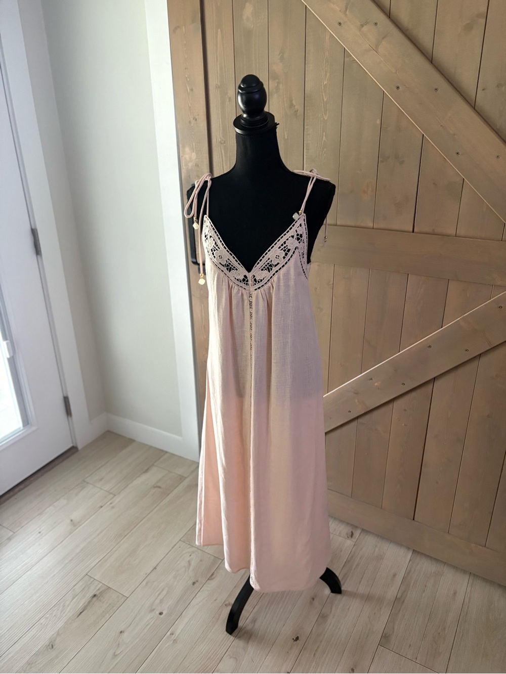 NWOT Light Pink Linen Blend Lace Trim V-Neck Tie Boho Midi Dress XXS H&M